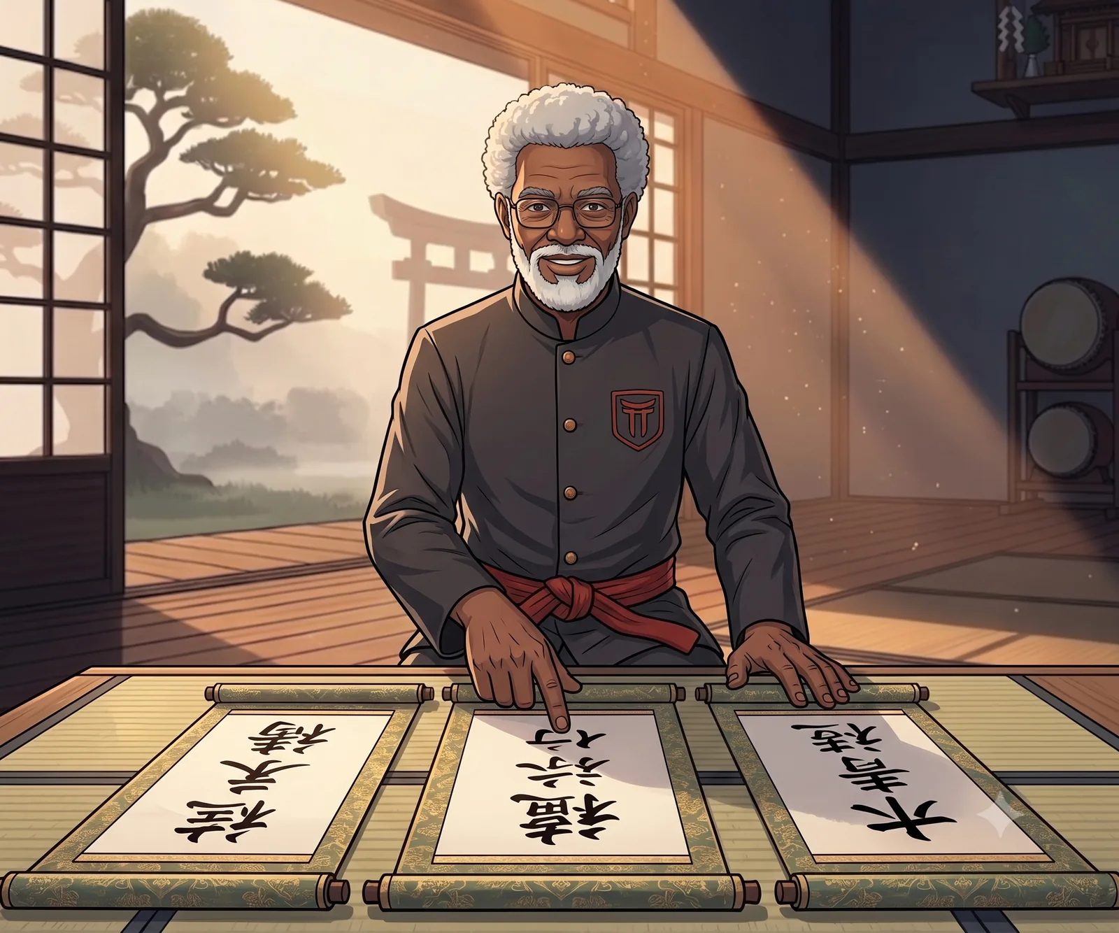 The sensei lays out three scrolls, one for each argument