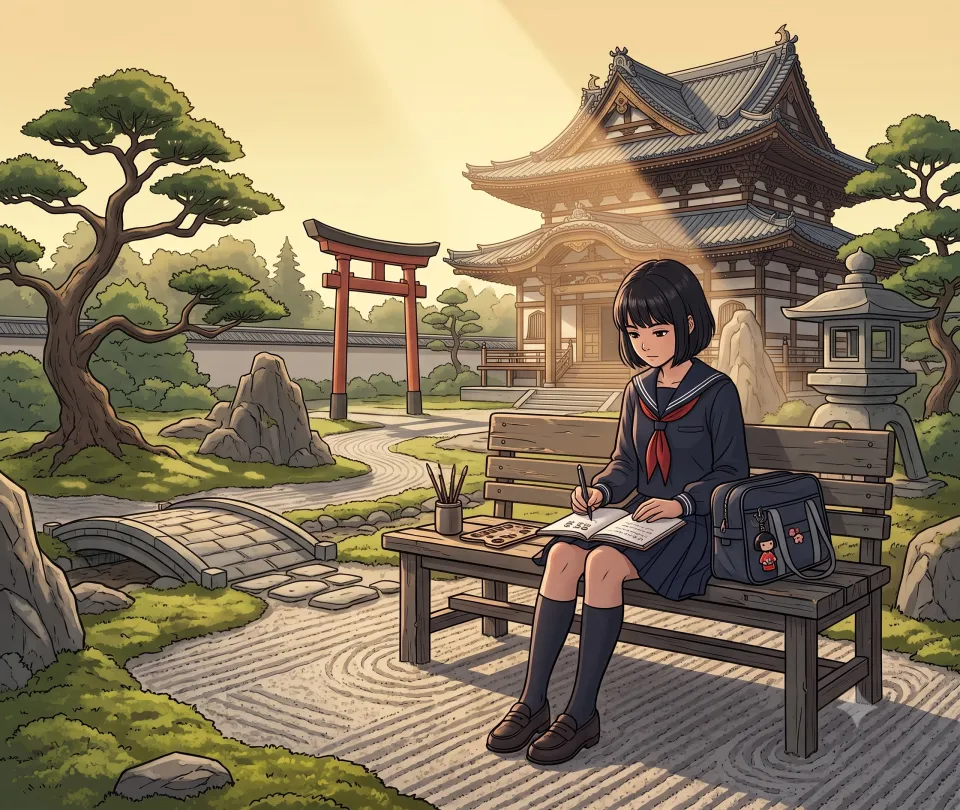 A student sits on a bench in the dojo garden and reads her notes.