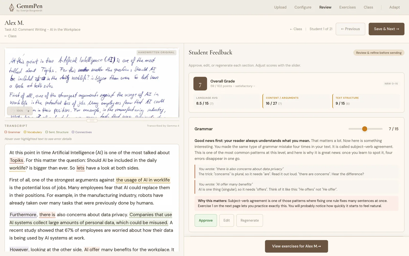 GemmPen review screen for one student: the scanned handwritten exam above the transcript with highlighted errors, and next to it the editable feedback with score sliders and approve, edit and regenerate controls.